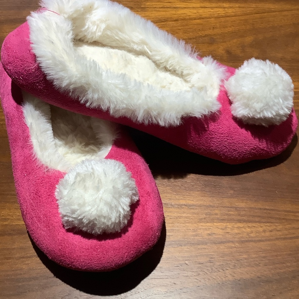 Pink Fuzzy Slippers with White Pom Poms